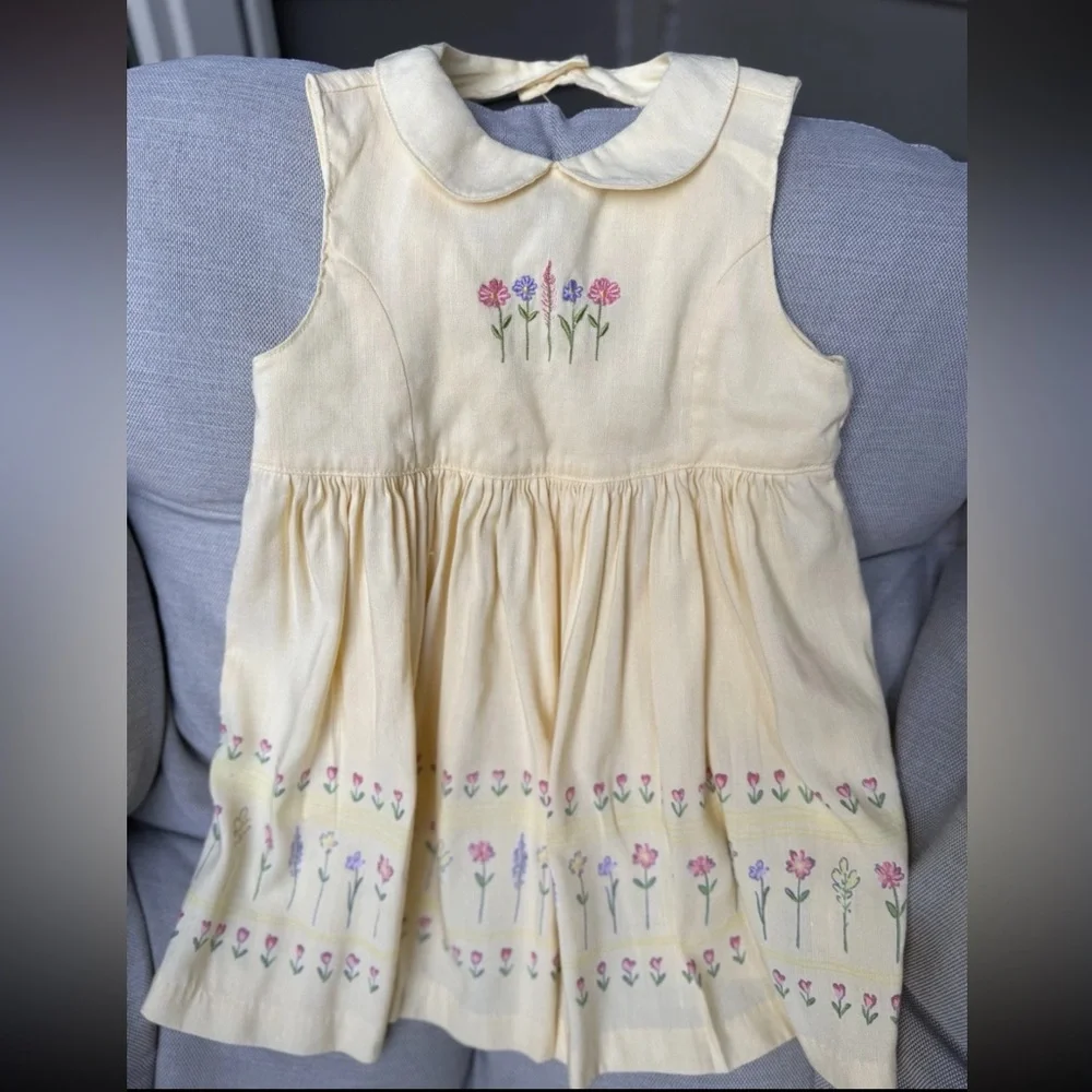 Vintage 1998‎ Gymboree Toddler Embroidered Floral Yellow Dress Linen Blend Sz 2
